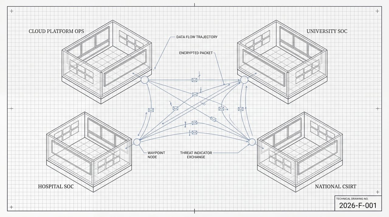 Axonometric blueprint of four operations rooms — a cloud platform, a hospital SOC, a university SOC and a national CSIRT — connected by annotated data-flow trajectories carrying encrypted packets.