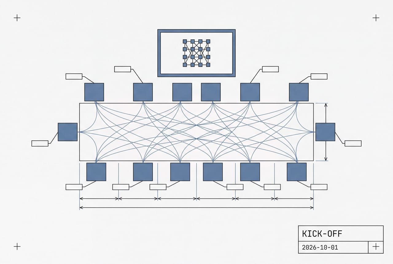 Plan view of the consortium meeting table drawn as a technical drawing, with fourteen square seat positions linked into a lattice and a title block reading KICK-OFF 2026-10-01.