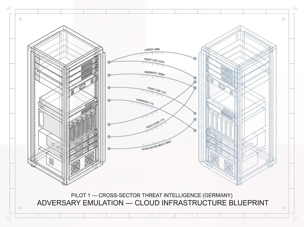 Blueprint of federated detection spanning telecom, finance, utilities and education infrastructure, drawn as connected wireframe volumes.