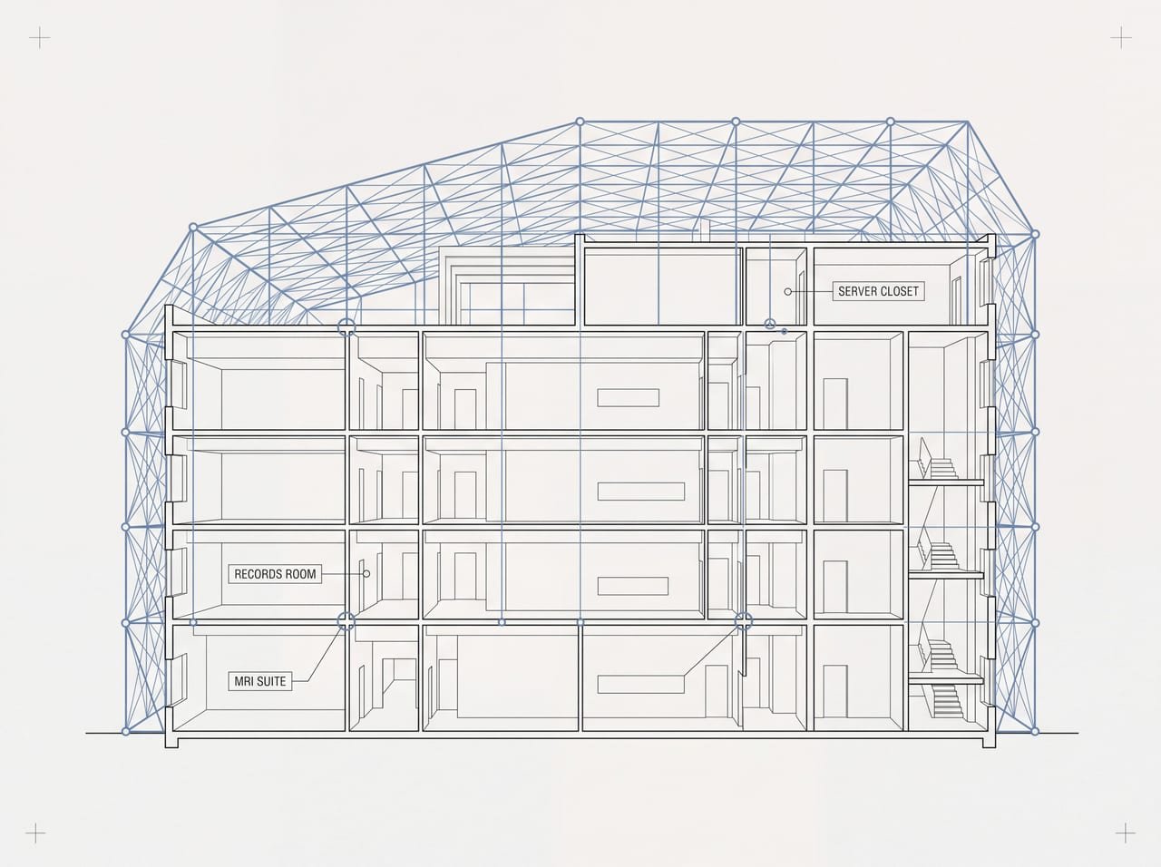 Sectional blueprint of a hospital with a steel-blue protective lattice drawn over it, labelling the server closet, records room and MRI suite.
